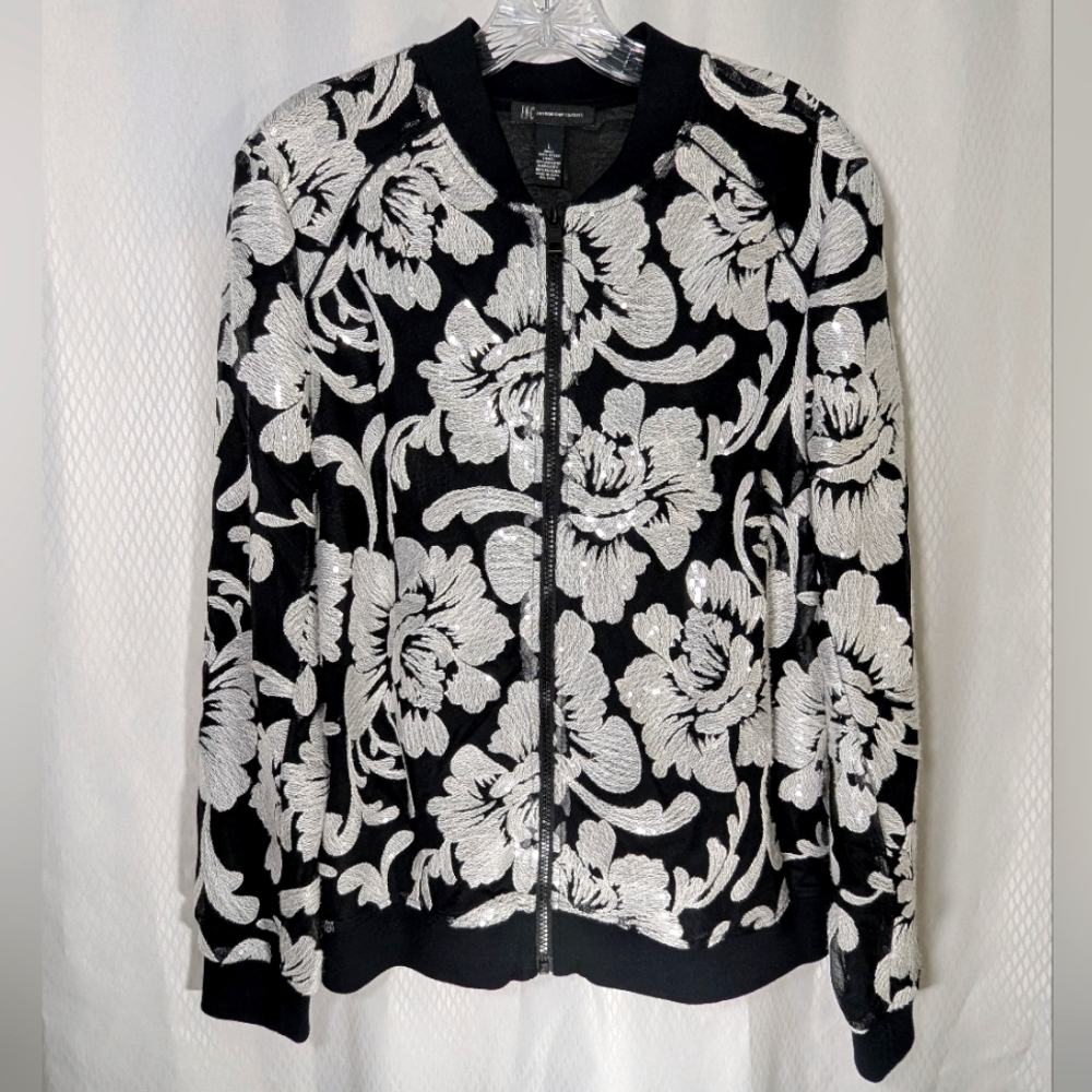 INC Women's Embroidered Zip-Front Light Jacket with Sequins, Black/White, Large